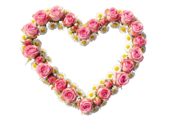 Heartshaped floral arrangement with pink roses and daisies isolated on transparent background