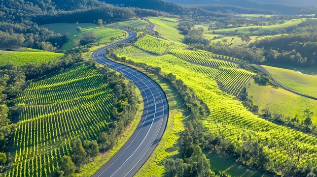 Scenic vineyard road winding through lush green hills