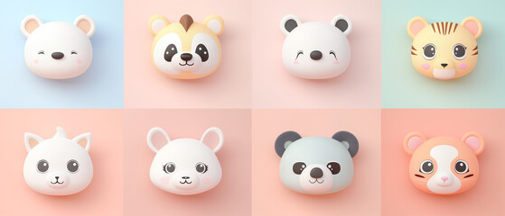 Cartoon Animal Faces Arranged on Pastel Backgrounds