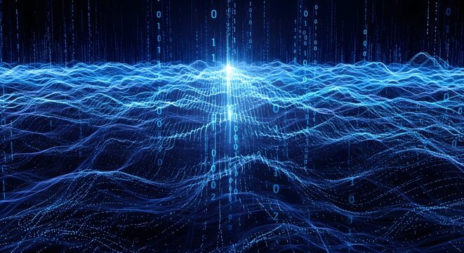 Abstract digital landscape of flowing blue data streams - Powered by Adobe