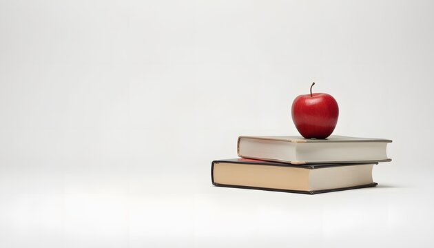 Minimalist Composition of Three Educational Books with a Red Apple on Top for Creative Design and Learning Concepts
