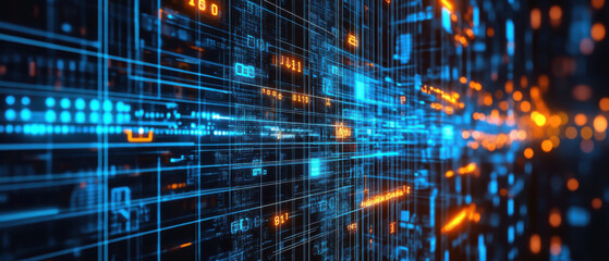 Futuristic network data stream digital grid neon light cyber city blue orange technology abstract code connection Futuristic network data stream digital grid with neon light glow and cyber city