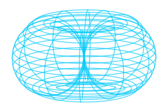 3d wireframe torus geometric shape mathematical topology blue transparent grid futuristic abstract conceptual geometry hyperbolic structure digital visualization illustration
