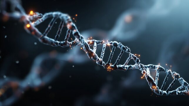 Abstract glowing dna molecules with neural connections, futuristic biotechnology background, digital brain network, modern medical science and genetic research illustration