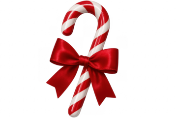 Christmas candy cane with red bow on transparent background
