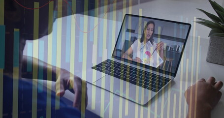 Watching student sitting at desk, viewing teacher reading picture book on laptop with potted plant