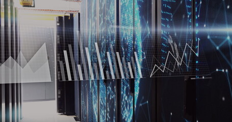 Displaying server cabinets running blue LEDs in data center aisle, with chart overlays, yellow rail