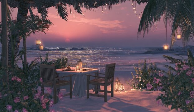 Romantic beachside dinner at sunset (3) - Powered by Adobe