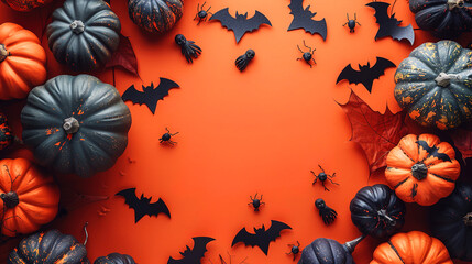 Festive Halloween decorations With Colorful Pumpkins Orange Background, Themed Top View