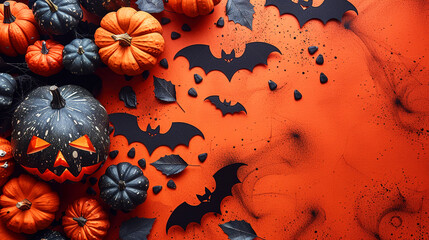 Festive Halloween decorations With Colorful Pumpkins Orange Background, Themed Top View