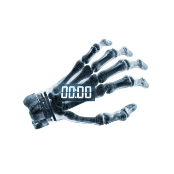 Futuristic robotic hand with digital timer for tech ideas on a transparent background, cut out.