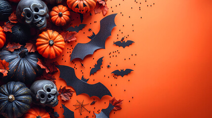 Festive Halloween decorations With Colorful Pumpkins Orange Background, Themed Top View