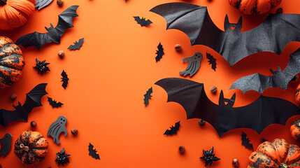 Festive Halloween decorations With Colorful Pumpkins Orange Background, Themed Top View