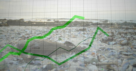 Lying harbor seal resting on beach near sea, with green graph overlay gridlines and numeric labels