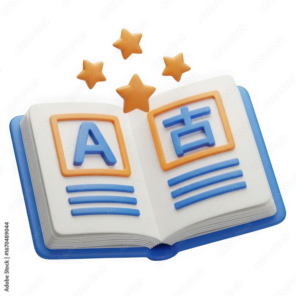 Aufkleber 3d open book with alphabet and chinese characters isolated on transparent background