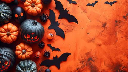 Festive Halloween decorations With Colorful Pumpkins Orange Background, Themed Top View