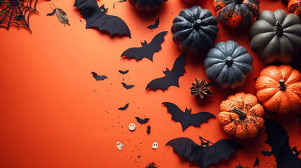 Festive Halloween decorations With Colorful Pumpkins Orange Background, Themed Top View