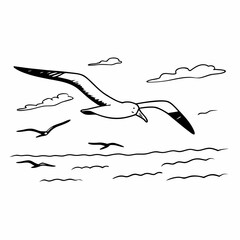 Hand drawn illustration of seagulls flying over the ocean waves with clouds