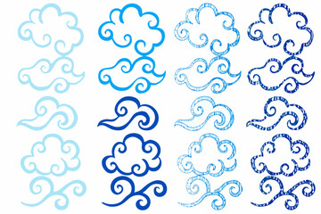 Collection of stylized blue clouds and swirls in asian art style