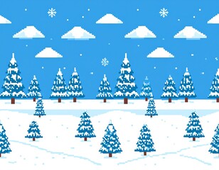 Pixelated winter landscape with snow-covered trees