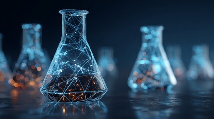 Glowing low polygonal beakers and petri dish forming futuristic digital science background on dark blue surface with laboratory chemistry concept