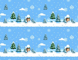 Pixelated winter landscape seamless pattern