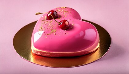 heart shaped pink cake with cherry glaze and gold accents