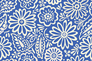 Blue and cream floral pattern with folk art inspired design