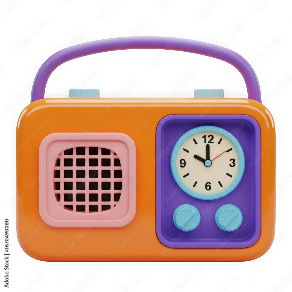 Poster 3d retro portable radio with clock isolated on transparent background