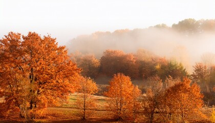 Fototapeta premium paisagem de outono com arvores em tons de laranja e nevoeiro suave fundo transparente