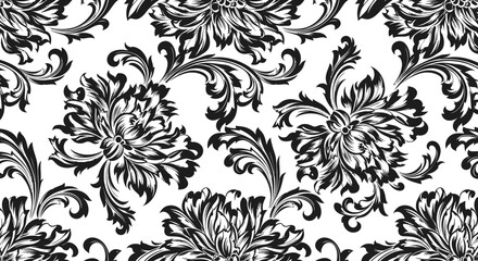 Luxurious Black and White Seamless Damask Ornate Pattern Design
