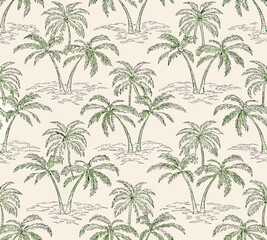 Seamless pattern of green palm trees on a light background