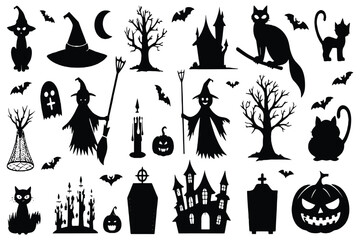 Halloween Silhouette Vector Set – Witch, Cat, Haunted House, Pumpkin, Bats, and Spooky Elements