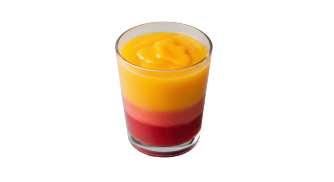 A vibrant "sunrise" smoothie in a clear glass, with a smooth red to orange gradient, isolated on a transparent background under bright studio lighting, no shadows. Concept for beverage advertising