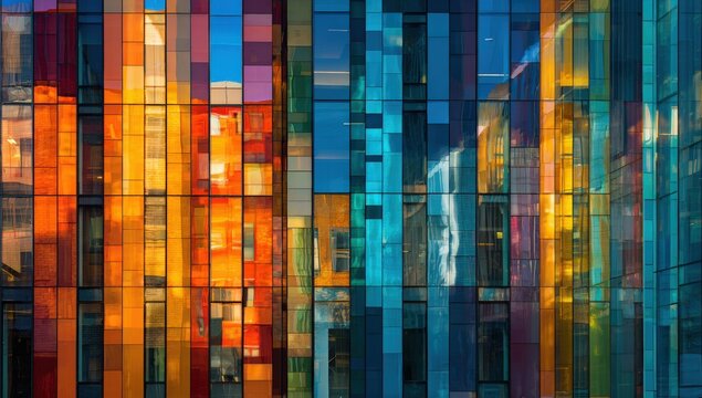 Colorful glass facade of a modern building.  Reflective, vibrant - Powered by Adobe