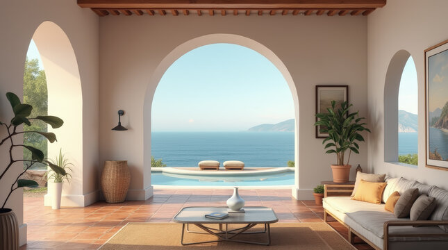 Modern living room of Mediterranean villa-inspired living room with arched doorways, terracotta tiles, and a framed mockup with a landscape painting. Large windows ooffer views of the sea