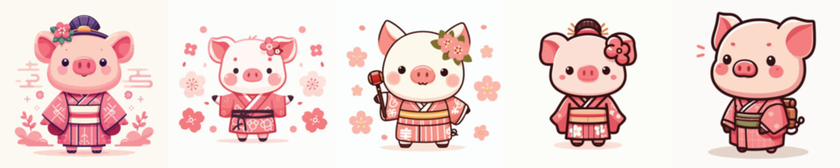 cute pig vector in kimono costume