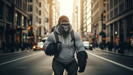 A surreal and funny photo shows a large and muscular gorilla in a hoodie walking down a busy city street like a human a concept of urban jungle