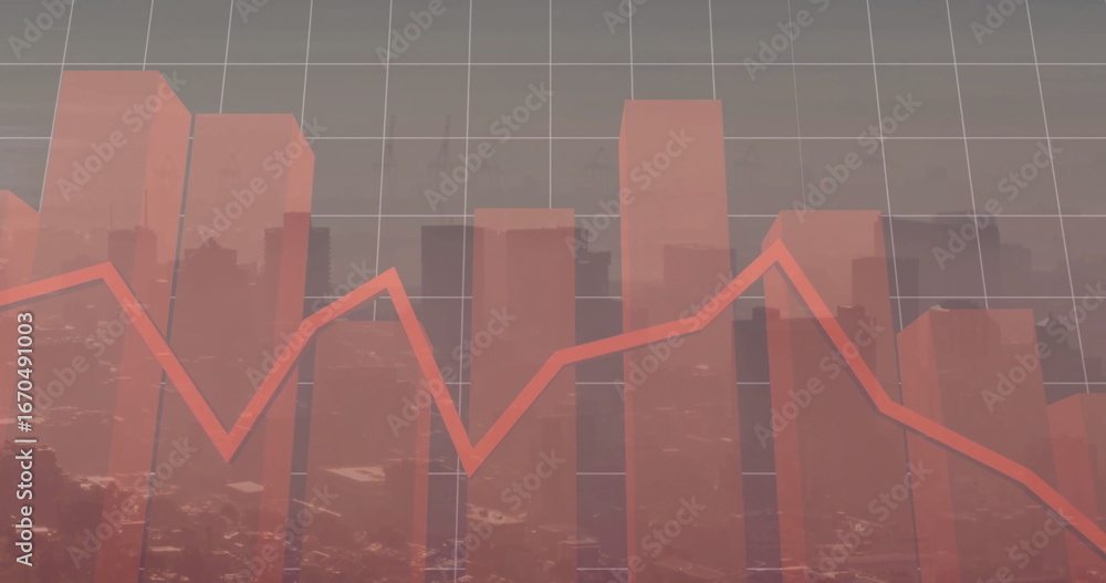Poster displaying transparent red bars fluctuating over grid overlay in city skyline, with red line graph