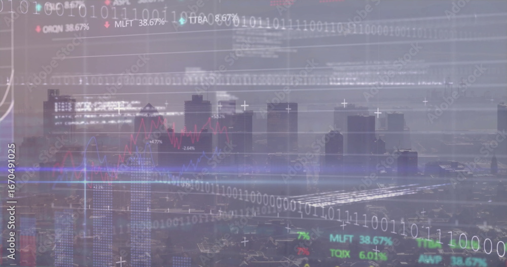 Poster displaying futuristic city skyline under hazy sky with binary code streams and red blue line charts