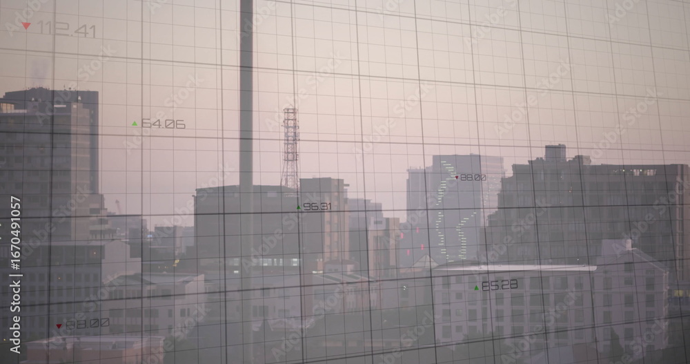 Poster revealing skyline with smokestack rising at dawn over city, with grid overlay and numeric labels