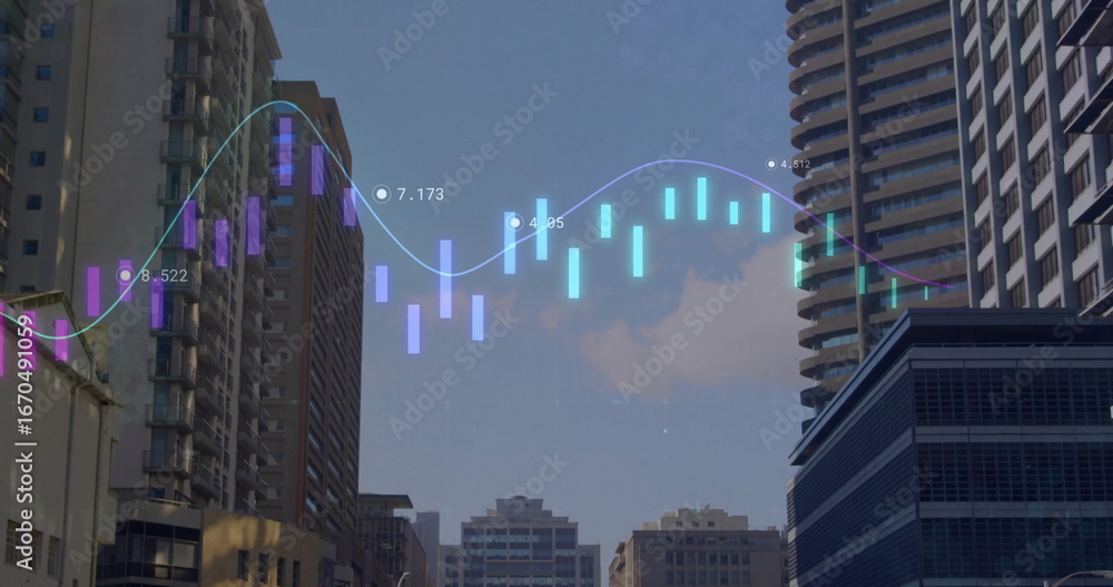 Aufkleber displaying translucent candlesticks and glowing graph overlay with numeric labels over urban canyon