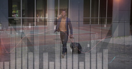 Walking man in suit talking on smartphone pulling suitcase on office plaza, financial overlays © vectorfusionart