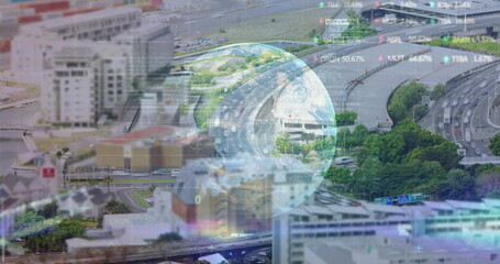 Floating translucent globe overlaying highway interchange, displaying stock tickers over cityscape