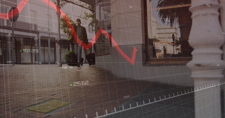 Traveler pulling suitcase moving through shopping arcade, with red line graph and grid numbers