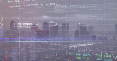 Displaying futuristic city skyline under hazy sky with binary code streams and red blue line charts