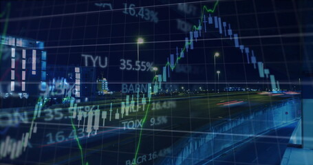Displaying highway overpass with blurred light trails at night, with financial chart overlay