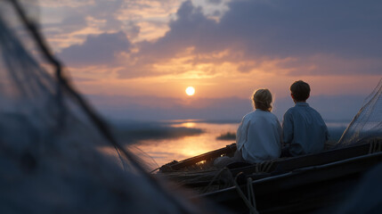A serene river road with fishermen and reeds at sunset
