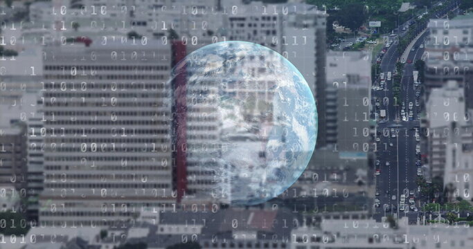 Semi-transparent globe of Earth spinning over traffic and skyscrapers downtown, with binary code - Powered by Adobe