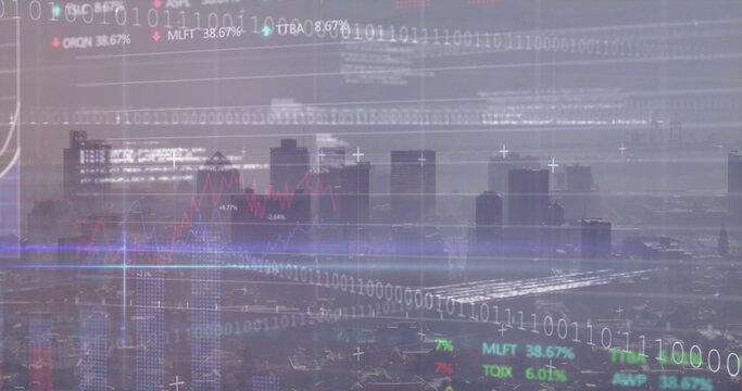 Displaying futuristic city skyline under hazy sky with binary code streams and red blue line charts